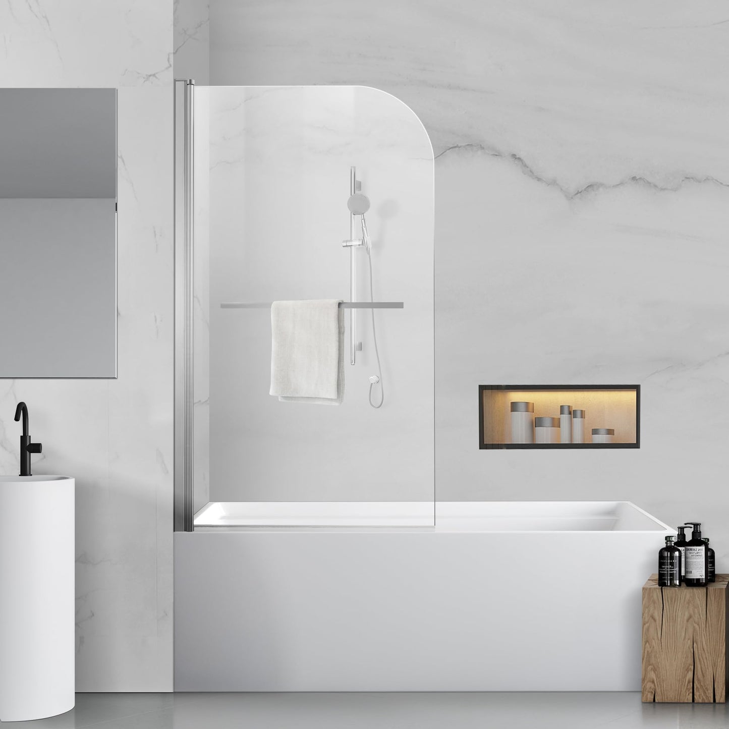 Tub Shower Door, Bathroom Shower Glass Door 34 * 58 Inch Frameless Bathtub Shower Screen with Tempered Glass (6mm), Polished Silver Finish and Door Handle