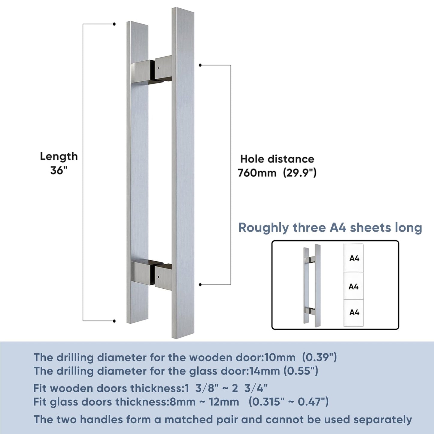 BARNSMITH 36" Barn Door Push Pull Handle,Heavy Duty Grade-304 Stainless Steel Square Commercial Door Handle,Entrance Entry Front Door Handle, Office Handle Pull Set for Wood Glass Door
