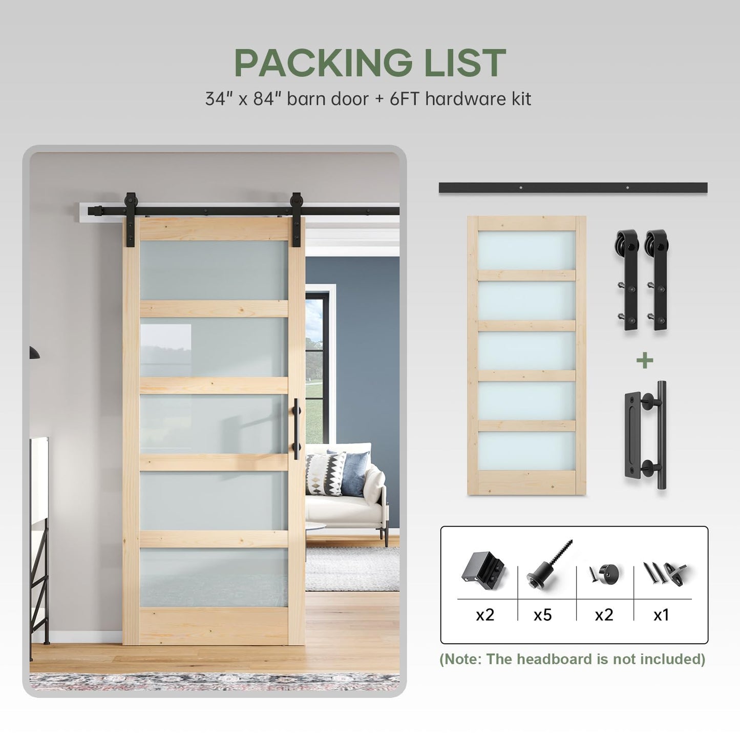 ROYMELO 34x84 inch Glass Sliding Barn Door Slab with 6ft Hardware Kit Included, 5-Panel Frosted Glass, Spruce Wood Support DIY Dyeing, Easy Assembly