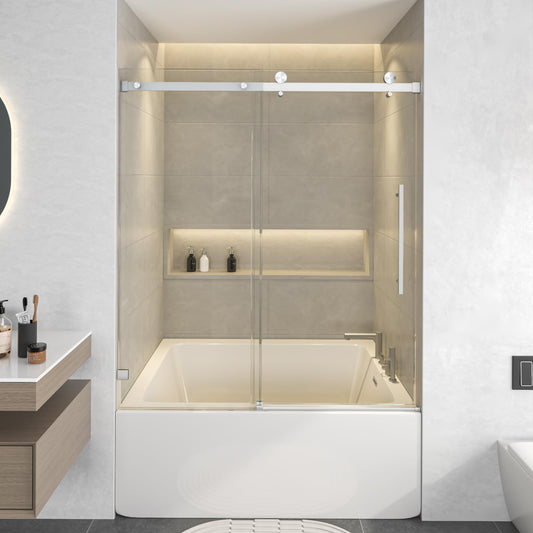 YSTISUON Brushed Nickel Frameless Single Sliding Bathtub Shower Door, 54"-60" W x 60" H, 5/16"(8mm) Clear Tempered Glass with Explosion-Proof Film, Water Repellent EZ Clean Bath Glass Door for Tub