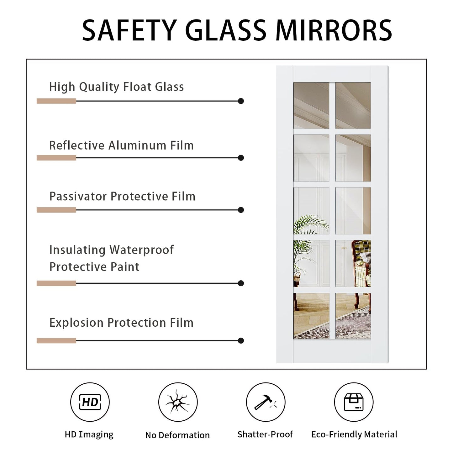 SOLRIG 24" x 80" French Interior Doors, 10 Lite Mirror Glass Laundry & Bedroom Door, Single Pre-Finished Slab Door, Solid MDF Core Wood, White Primed (Hinges Not Included)