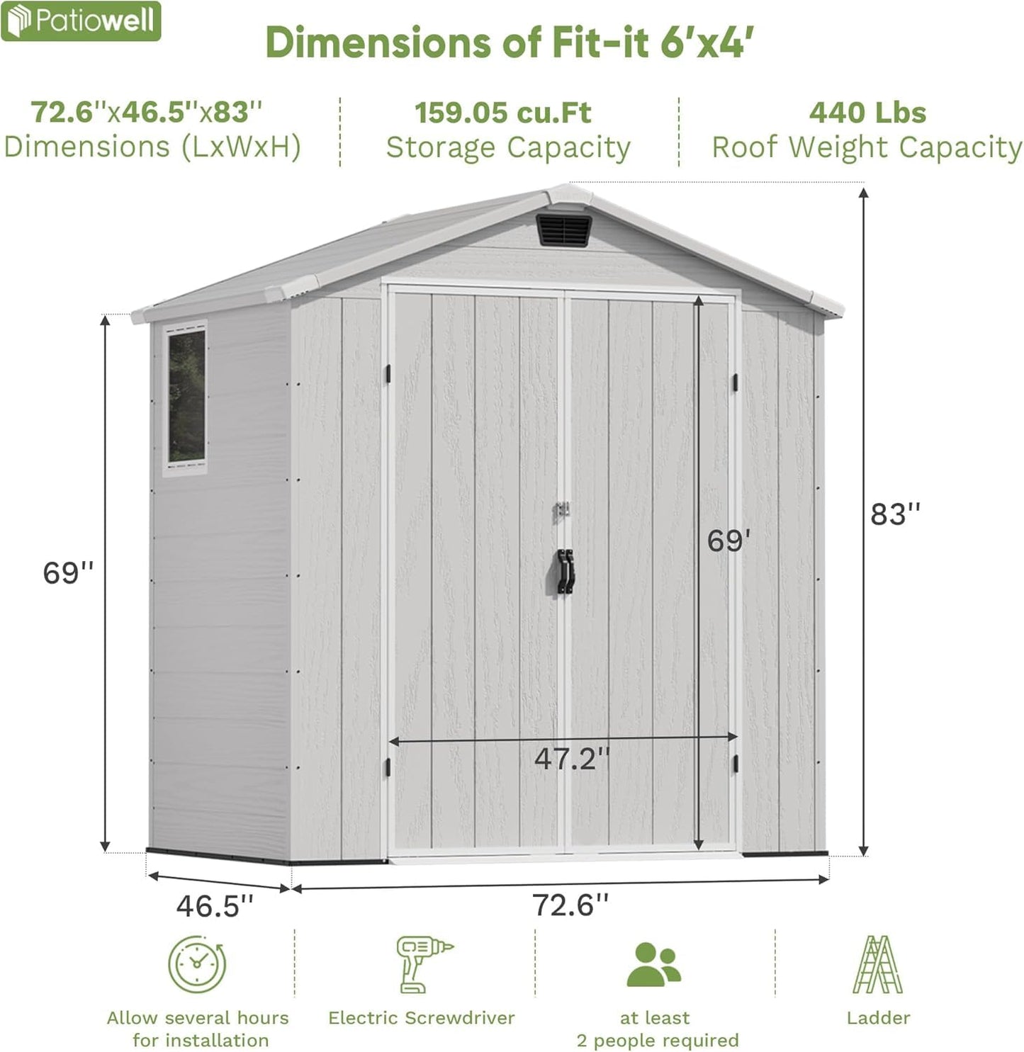 Patiowell 6X4 FT Plastic Outdoor Storage Shed with Floor, Resin Tool Sheds with Lockable Door and Window, Weather-Resistant Garden Shed, Easy Assembly for Backyard, Patio, Light Grey