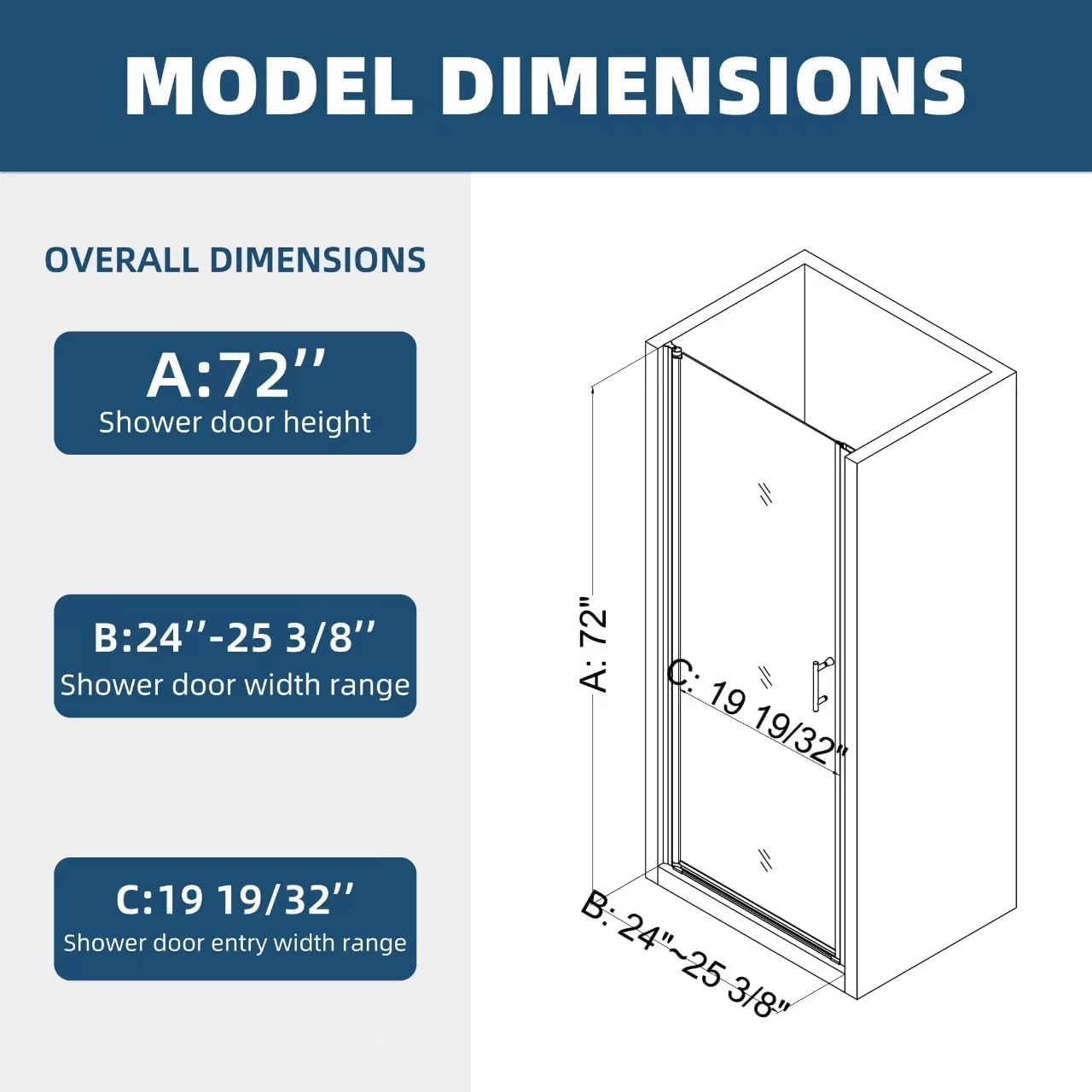 Royal Guard 24"-25.4" W x 72" H Frameless Pivot Shower Door,Swing Shower Glass Doors with 1/4"(6mm) Clear SGCC Tempered Glass,Reversible Installtion,Matte Black
