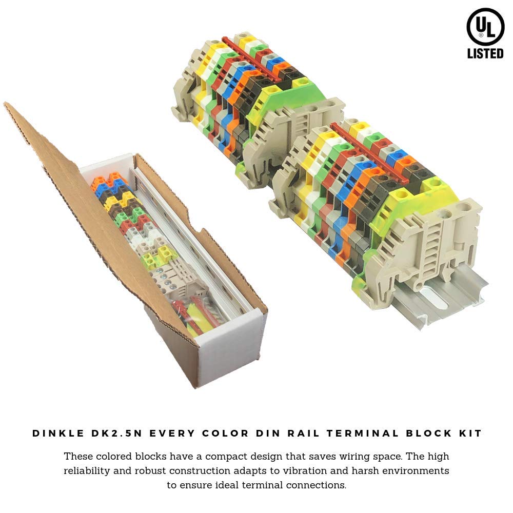 DIN Rail Terminal Blocks Kit by International Connector 20 Dinkle DK2.5N DIN Terminal Block Connectors 12-22 AWG Gauge 20A 600V, Ground Blocks, Jumpers, End Covers, End Brackets on 8'' Aluminum Rail