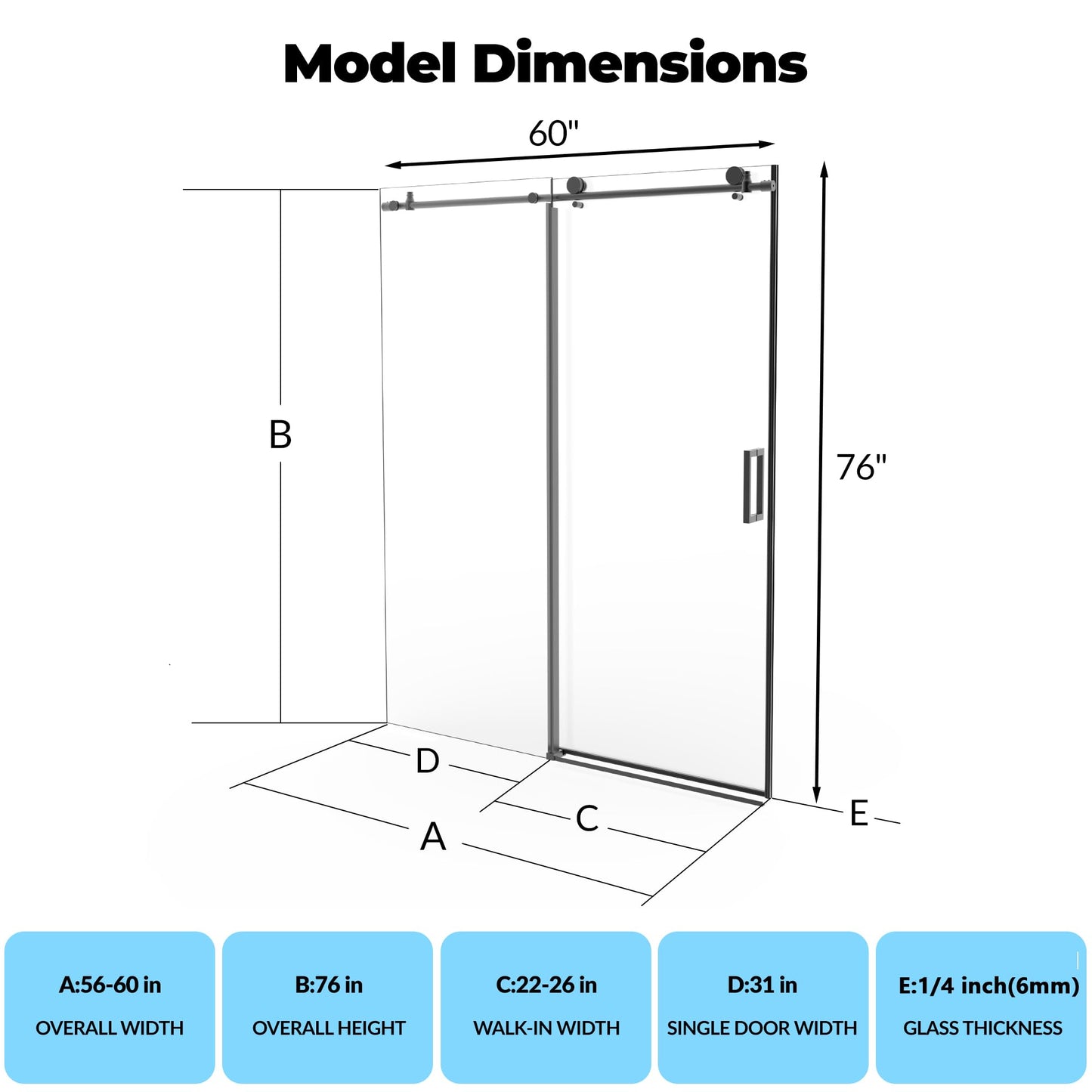 Garvee Frameless Sliding Shower Door, 56-60 Inch Adjustable Width x 76 Inch Height, 1/4 Inch (6Mm) Tempered Clear Glass with Explosion-Proof Film,Matte Black for Bathroom Enclosure
