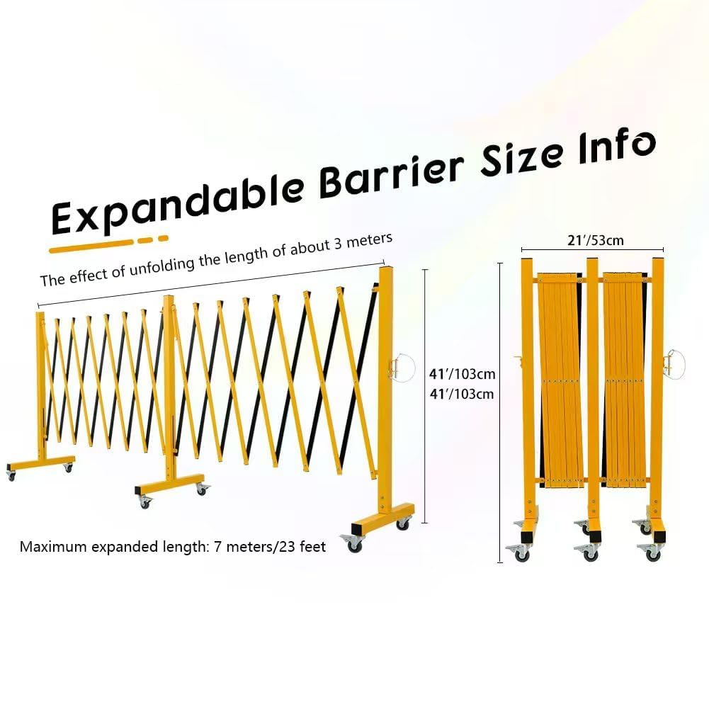 GYMTIME Metal Expandable Barricade, Safety Barrier with Casters, Retractable Traffic Fence, Mobile Temporary Folding Security Gate for Outdoor, Shopping Mall, 23 Feet, Yellow and Black