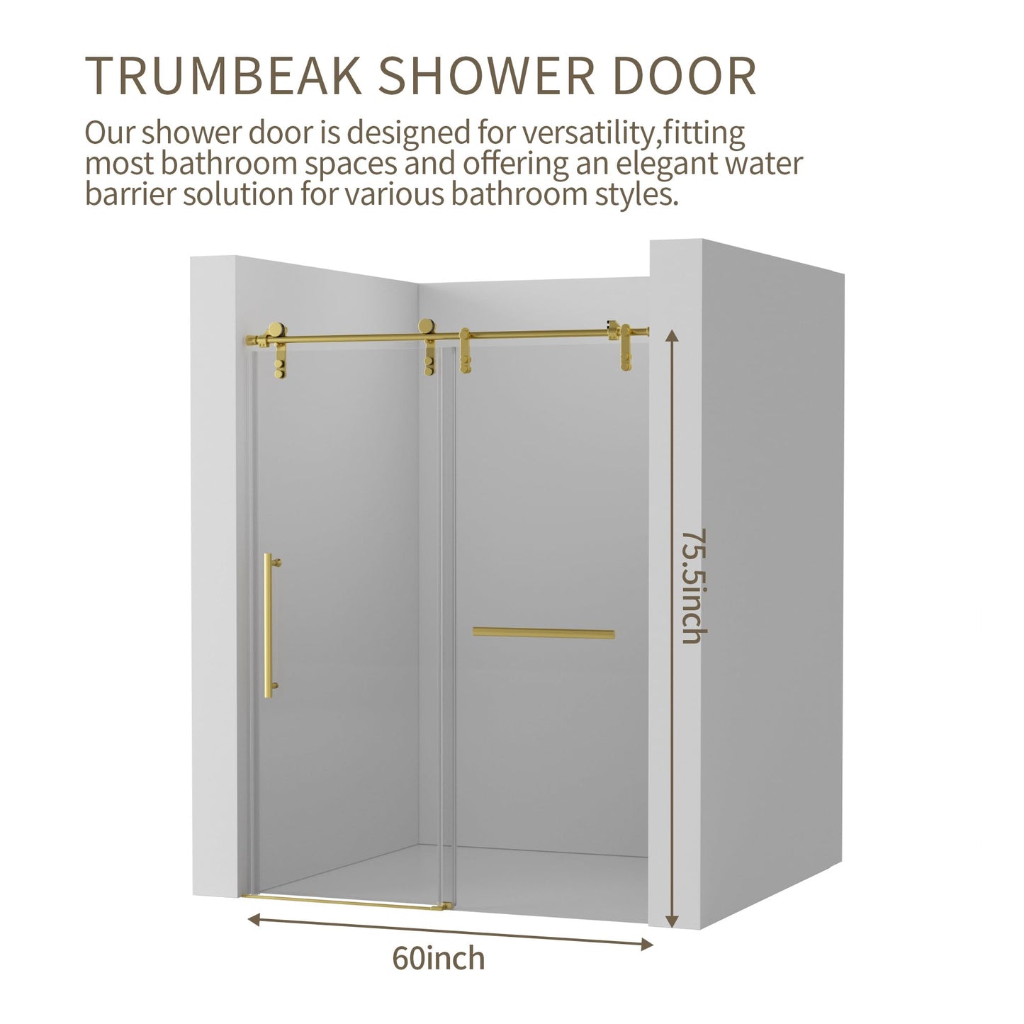 Trumbeak 56-60" W x 76" H Frameless Shower Door,Sliding Shower Door with 5/16"(8mm) Clear SGCC Tempered Glass,Glass Shower Door w/Seal Strip Parts and Handle,Stainless Steel Hardware,Gold