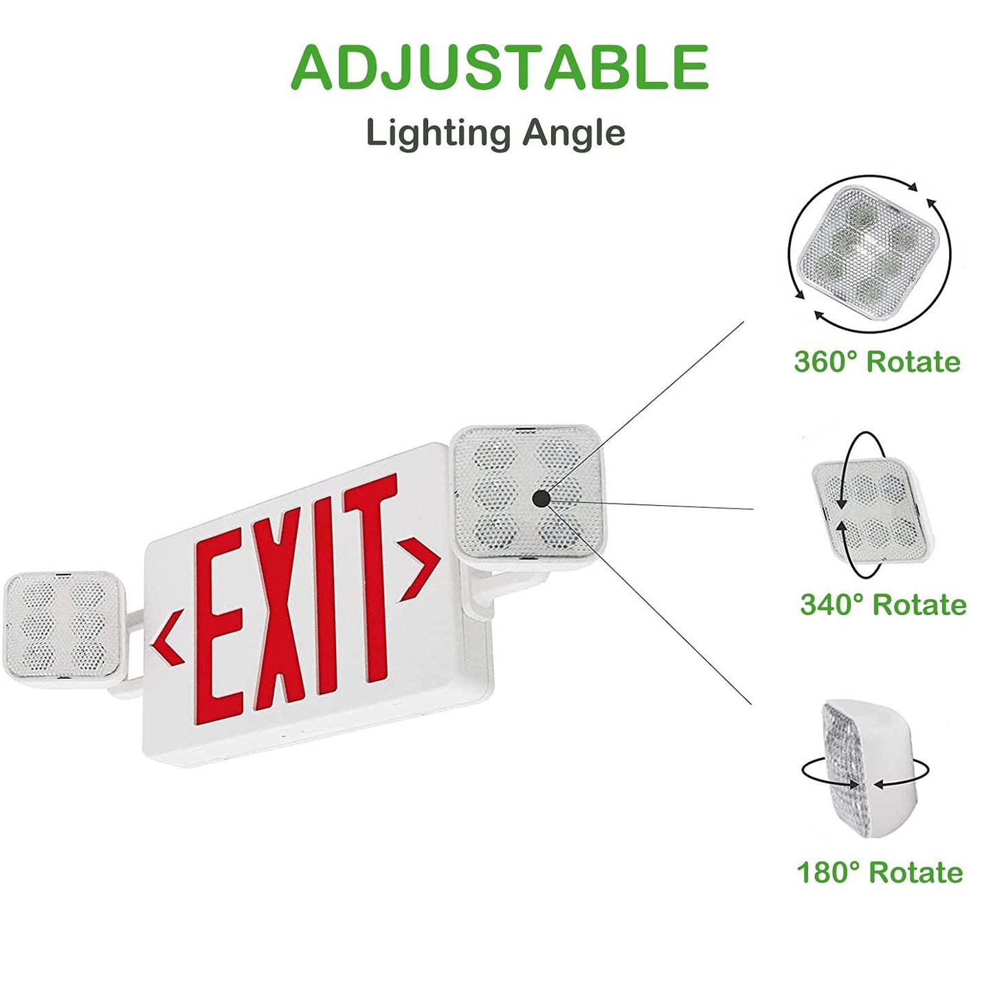 LED Combo Exit Sign Emergency Light, Double Sided with Two LED Flood Lights, Exit Signs for Business with Battery Backup, Fire Resistant UL 94V-0, Commercial Grade