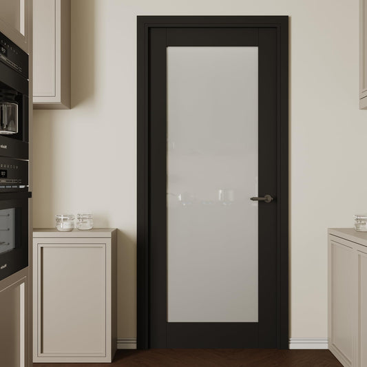 CRUTOP 32''x80'' Black Frosted Glass Interior Door Slab Shaker, Pre-Built Panel for Barn Doors, Pocket Doors, French Door, for Pantry, Bedroom, Closet, Laundry & Bathroom, Prefinish