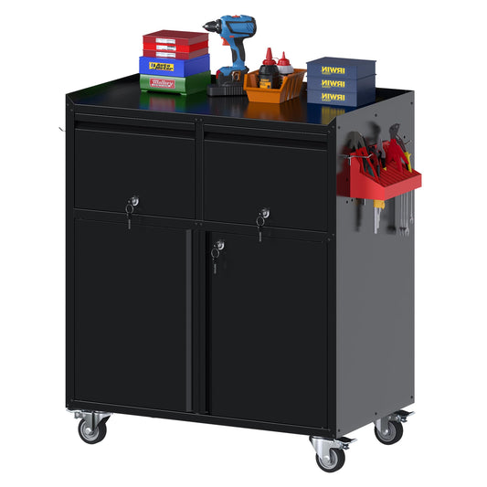 Aobabo Rolling Metal Garage Cabinet, Lockable Storage Cabinet with 2 Drawers, Pegboards, Hooks & Wheels, Heavy Duty Steel Utility Cabinet for Garage, Workshop, Home Office, Black, Assembly Required