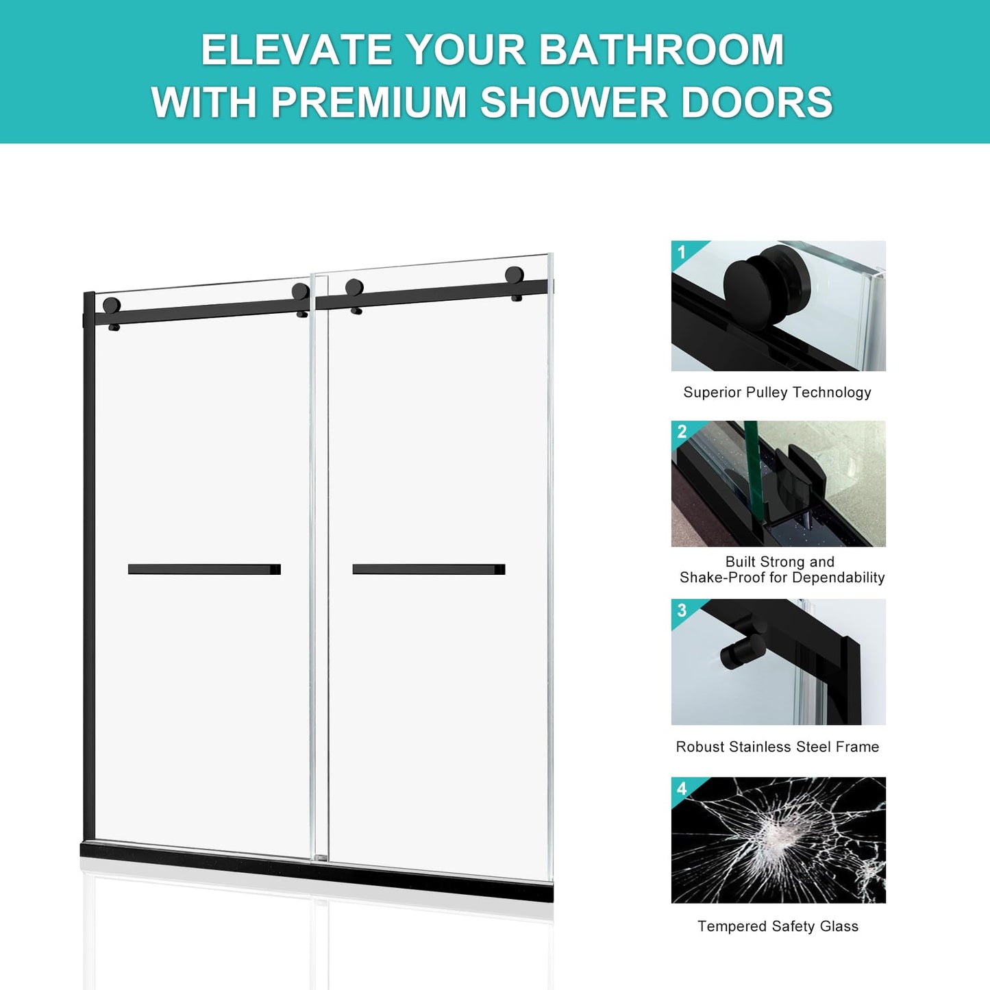 MoSweet Milano Double Sliding Shower Door, 44-48 in.W x 74 in.H Framed Shower Door 5/16"(8mm) Clear Tempered Glass, 18 inch Pull Handle, Stainless Steel Hardware, Matte Black Finished