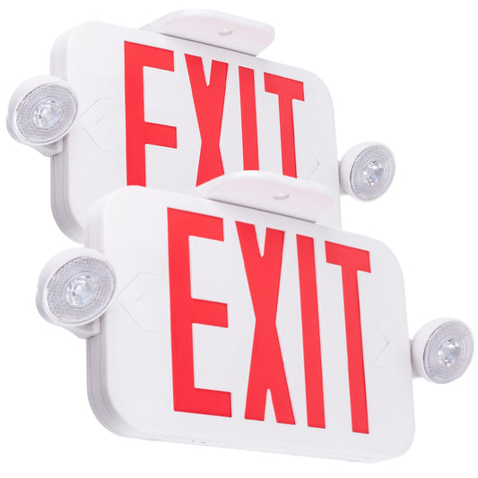 LIT-PaTH LED Combo EXIT Sign with 2 Adjustable Head Lights and Double Face, Back Up Batteries- US Standard Red Letter Emergency Exit Lighting, UL 924 and CEC Qualified, 120-277 Voltage, 2-Pack