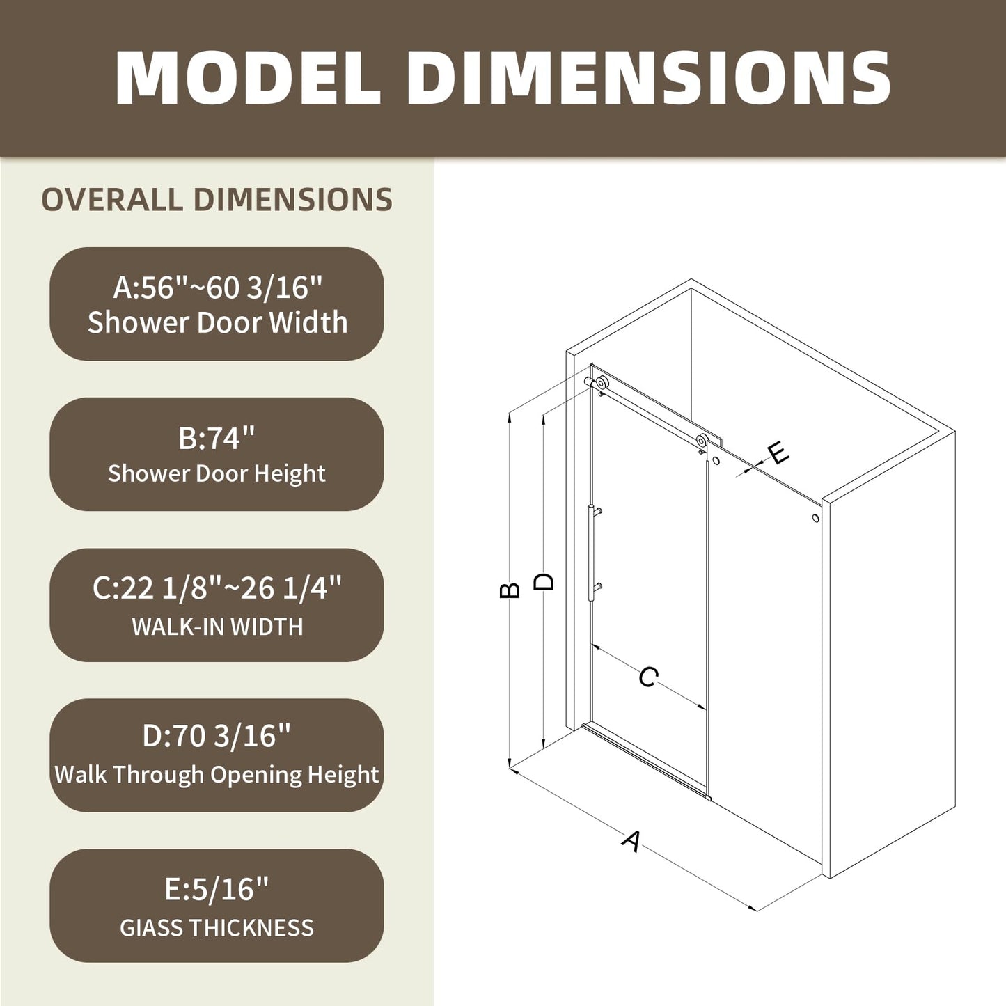 Shower Door,56-60" W x 74" H Frameless Single Sliding Shower Doors with Soft Close System,5/16" (8mm) Clear Tempered Glass with Nano Coating,Stainless Steel Hardware,Brushed Gold