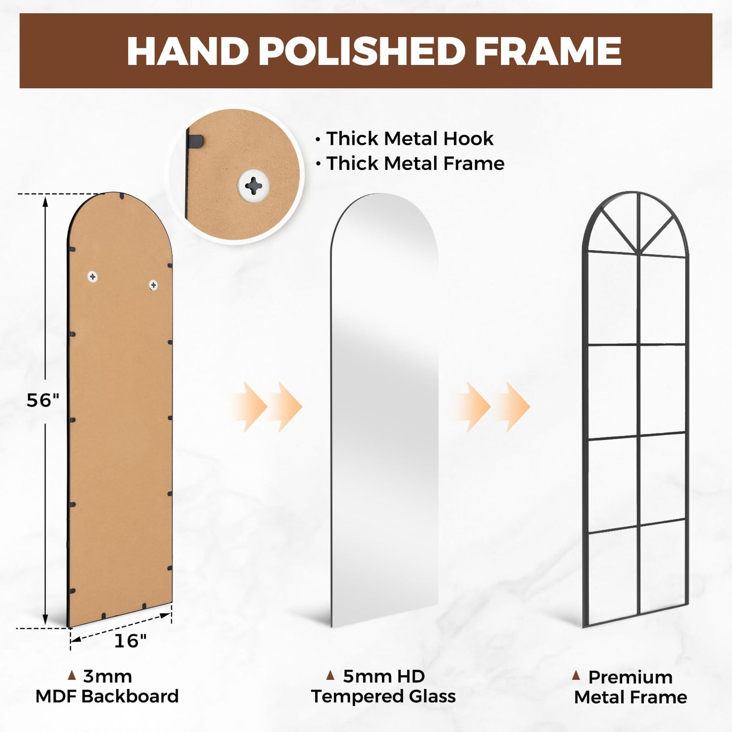 Muzilife Arched Full Length Window Mirror, 16x56 Windowpane Body Mirror with Metal Frame, Wall Mounted Hanging or Leaning for Door， Bedroom, Living Room, Black, No Stand, Upgraded