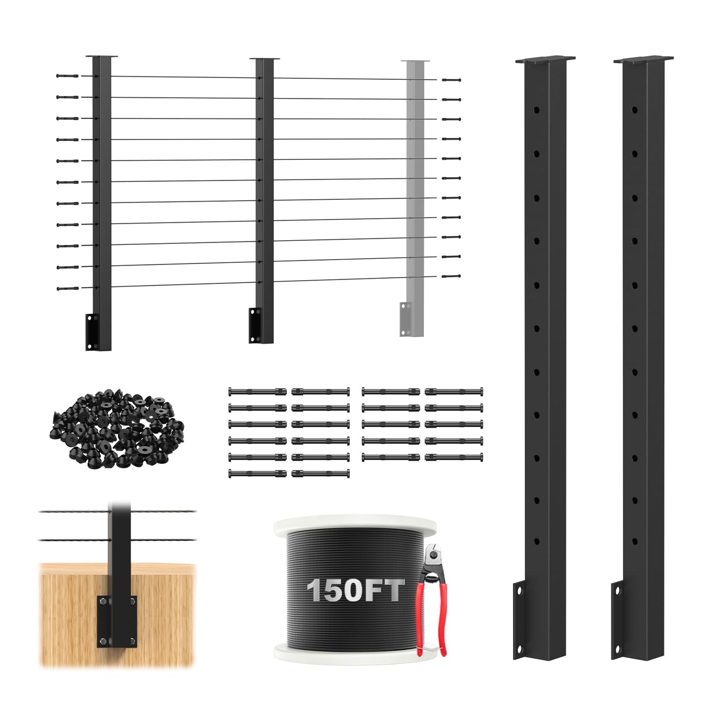 RailinGo 36" Side Mount Cable Railing Post Kits Include 2Pack Flat Top Level Drilled Cable Posts, 150FT Wire Rope, Black Fascia Mount Cable Railing System, 1/8" Stainless Steel Wire Railing Kits, RG71