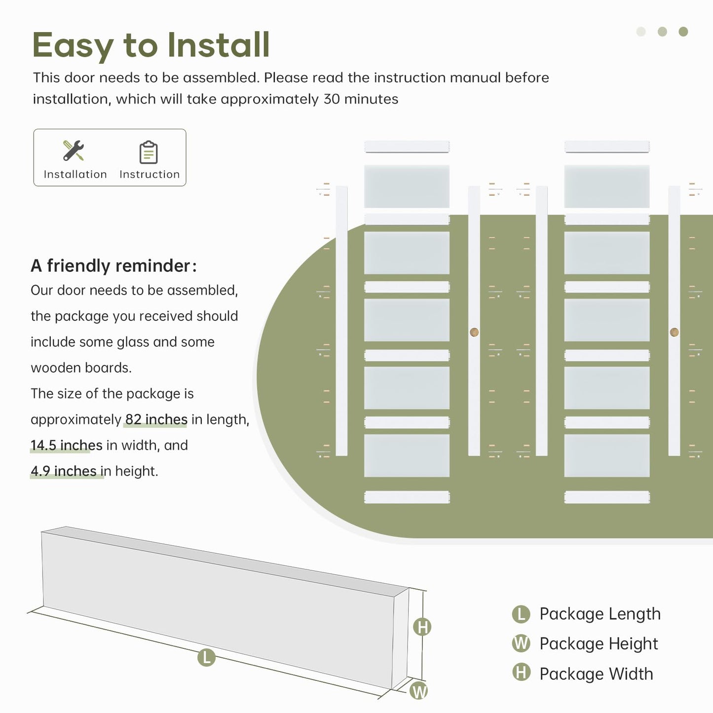 Finosen Bypass Sliding Closet Door Slab, 48 x 80 in (Double 25 inch), 5-Lite Frosted Glass, Barn Door with Hardware Kit Included, Need to Assemble, MDF with PVC Surface, White