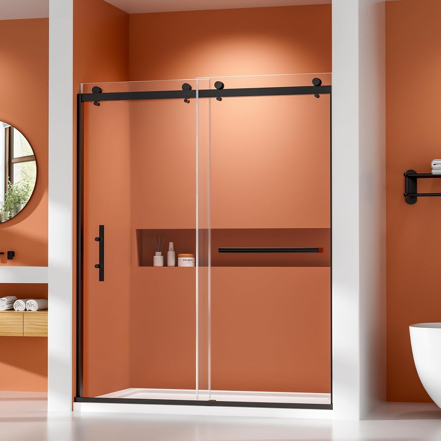 AVKENOEDY Shower Door 60" W x 74" H Framed Shower Door, Double Sliding Shower Door with 1/4" (6mm) Thick Tempered Glass, Explosion-Proof Film Nano Coating Matte Black