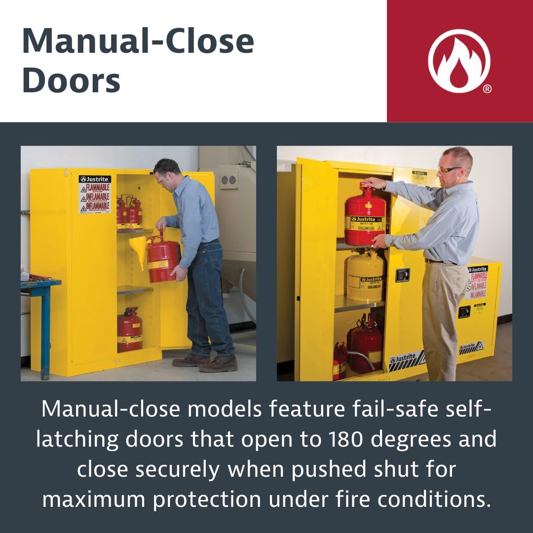 Justrite 17 Gallon Manual Close Piggyback Flammable Storage Cabinet, 18 Gauge Steel, 1 Shelf, 2 Door Fire Cabinet, 24" x 43" x 18", Made in The USA, Yellow, 891700