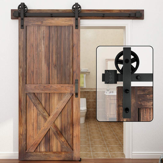 WINSOON 5-16FT Single Wood Sliding Barn Door Hardware Basic Black Big Spoke Wheel Roller Kit Garage Closet Carbon Steel Flat Track System (6.6FT)