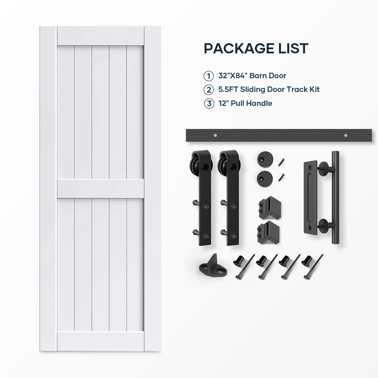 EaseLife 32 x 84 inch White Barn Door with 5.5FT Sliding Door Hardware Kit Included & Handle,Solid Wood Covered with Waterproof PVC Surface,DIY Assemblely,Easy Install,H-Frame,Fit 28-30in Wide Opening