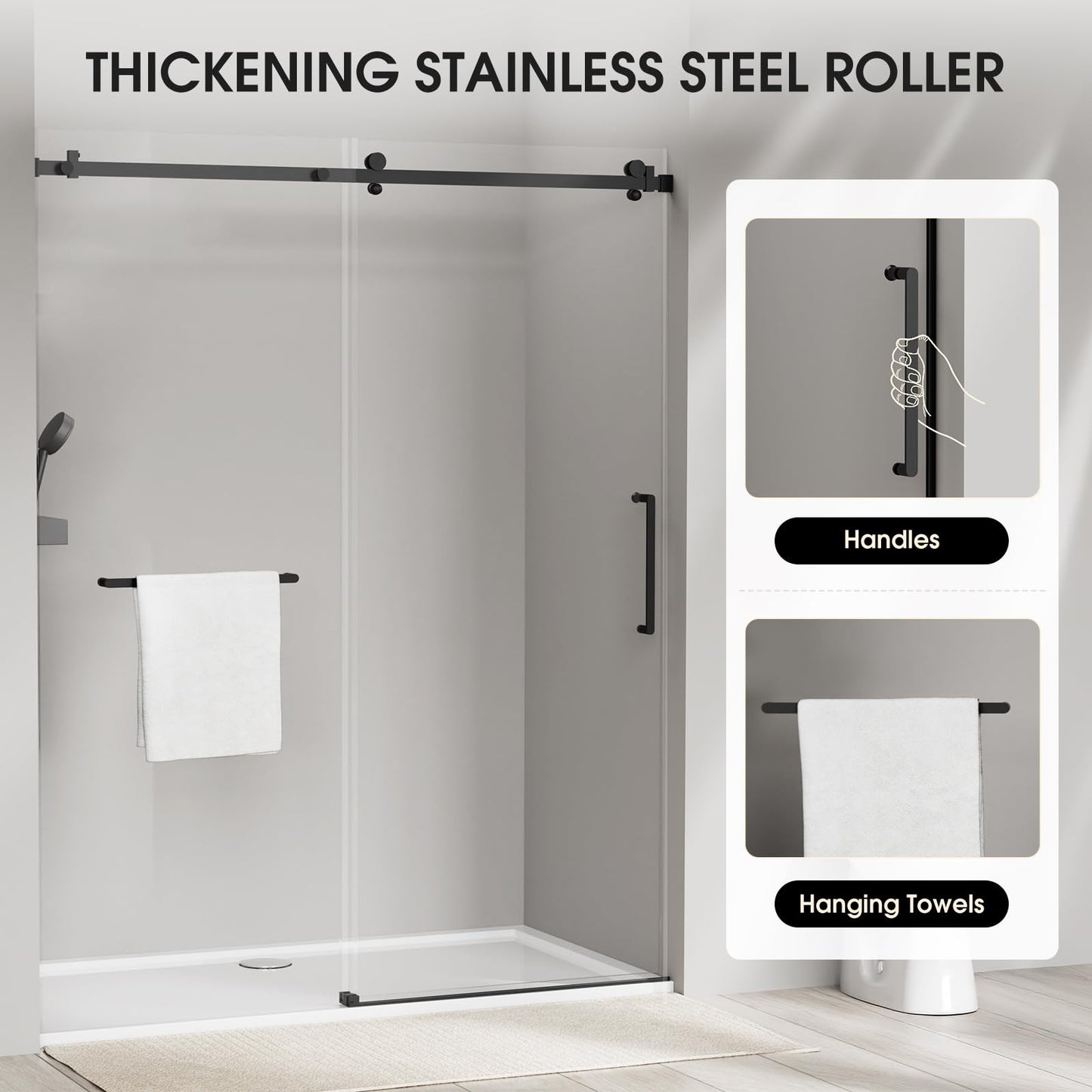 LARWORKS Frameless Glass Shower Door 5/16''(8mm), Sliding Bathroom Door56-60 in. W, 75 in. H, SGCC Tempered Glass, Explosion-Proof Film, Nano Coating, Matte Black - Square