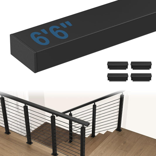 CKE 6'6" Stainless Steel Cable Railing Handrail for Indoor Outdoor Deck Stair Flat Top Rail Cable Railing System, Black Rectangular Handrail Cable Railing Kits with End Caps, HT01