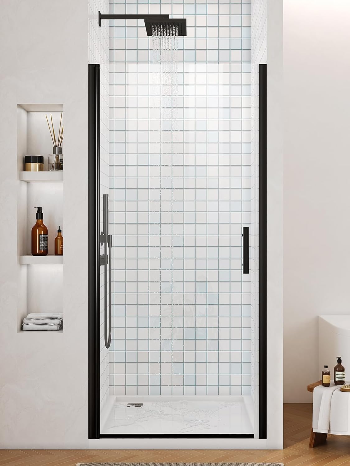 Frameless Pivot Shower Door, 34-35.4" W x 72" Single Panle Shower Doors, 1/4" (6mm) Thick Tempered Clear Glass with Explosion-Proof Film & Nano Coating Shower Doors for Walk in Shower (Matte Black)