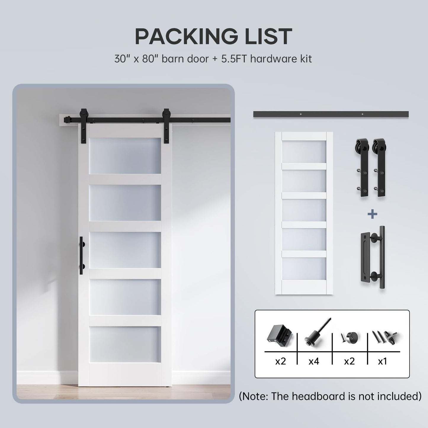 ROYMELO 30x80 Inch Glass Sliding Barn Door Slab and 5.5ft Hardware Kit Included, 5 Frosted Glass, LVL Wood Panel Covered with White Water-Proof Scratch-Proof PVC Surface, Simple DIY Assembly