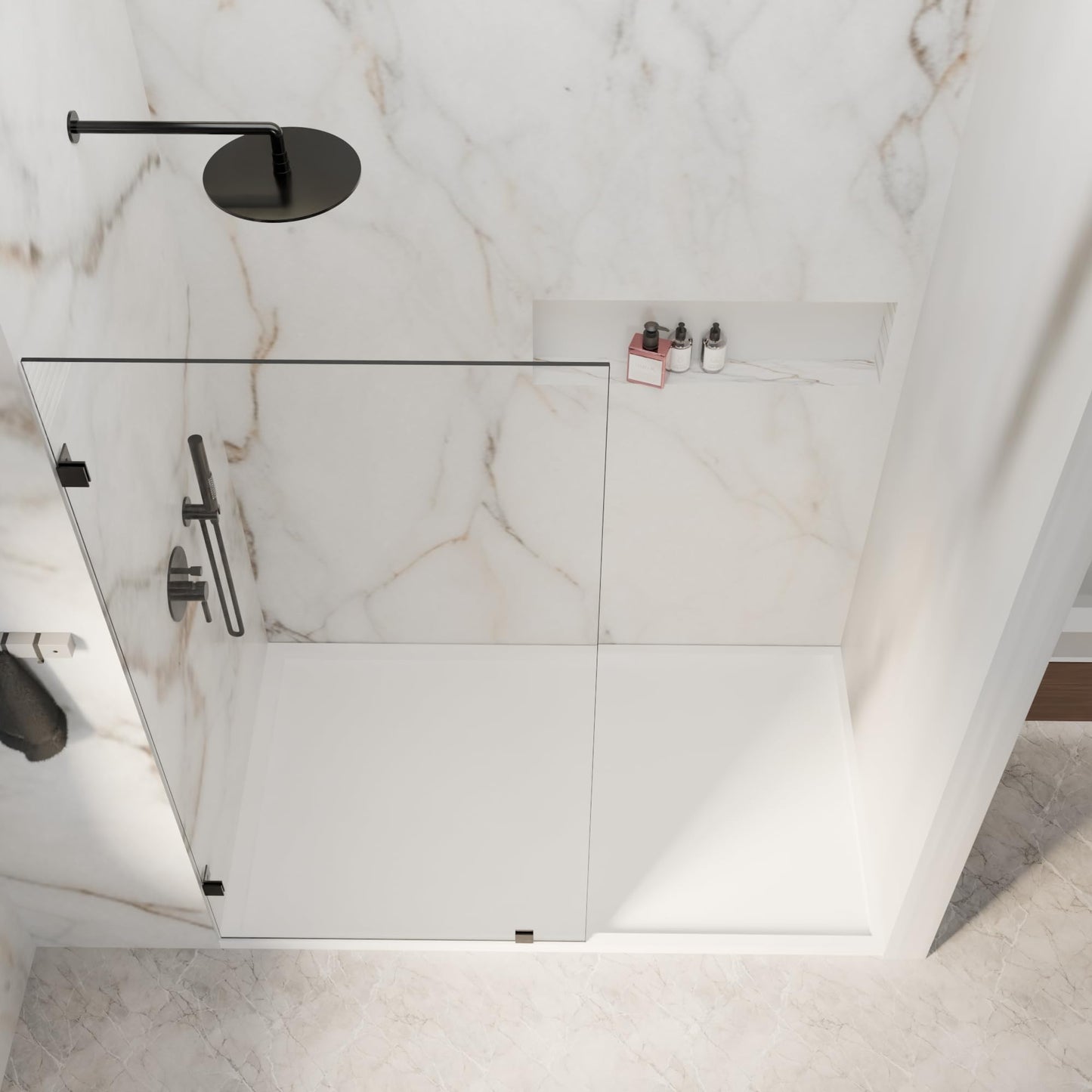 32" W x 72" H Fixed Shower Glass Panel, 3/8” 10mm Single Frameless Shower Doors for Walk in Shower with Clear Tempered Glass Explosion-Proof Film for Bathroom, Matte Black