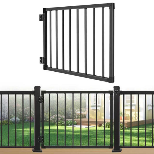 Deck Gate Outoor, 42″ Black Heavy Duty Steel Anti-Rust Fence Door with Adjustable Width (Up to 48"), Easy Installation Metal Gate for Residential, Yard, Patio, with Hinges and Latch