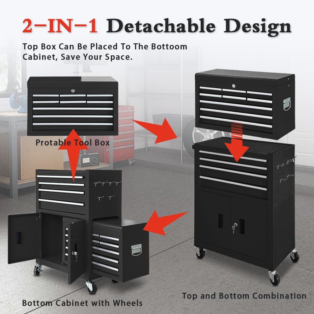 SONLMIK 13-Drawer Rolling Tool Chest with Double Door Handle, 2-in-1 Detachable Metal Storage Cabinet with Wheels and Lock, Large Capacity Tool Box for Garage, Gift for Men Dad Husband Fathers(Black)