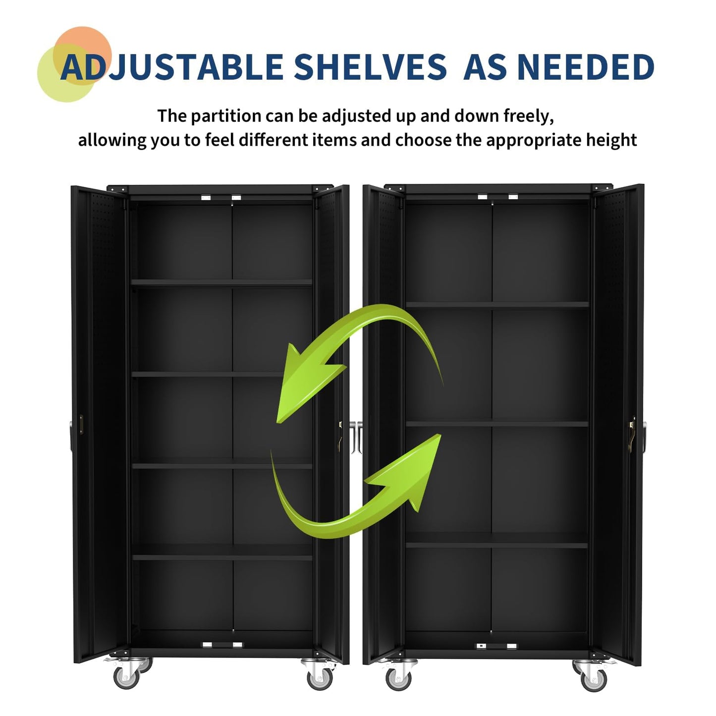 72" Tall Garage Storage Cabinet with Wheels – Locking Heavy-Duty Metal Cabinet with 4 Adjustable Shelves & Door Pegboard, Rolling Tool Cabinet for Workshop, Home, Office – Black