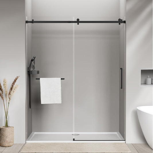 LARWORKS Frameless Glass Shower Door 5/16''(8mm), Sliding Bathroom Door56-60 in. W, 75 in. H, SGCC Tempered Glass, Explosion-Proof Film, Nano Coating, Matte Black - Square