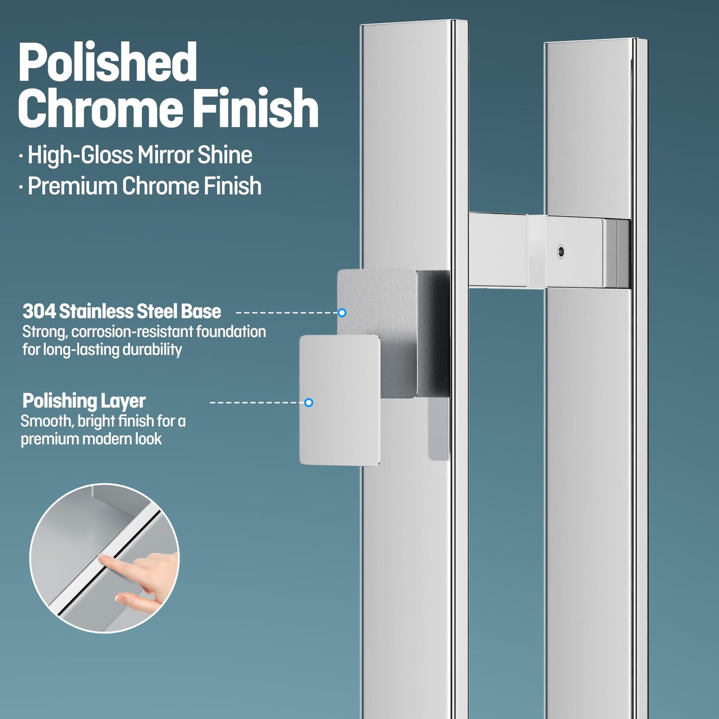 Ranbo H-Shaped 12" Rectangle Push Pull Door Handle,Back to Back,200mm (7-7/8 inch) CTC,1.2 mm Thick 304 Stainless Steel,for Barn Front Wood Shower Commercial Entrance Door,Polished Chrome