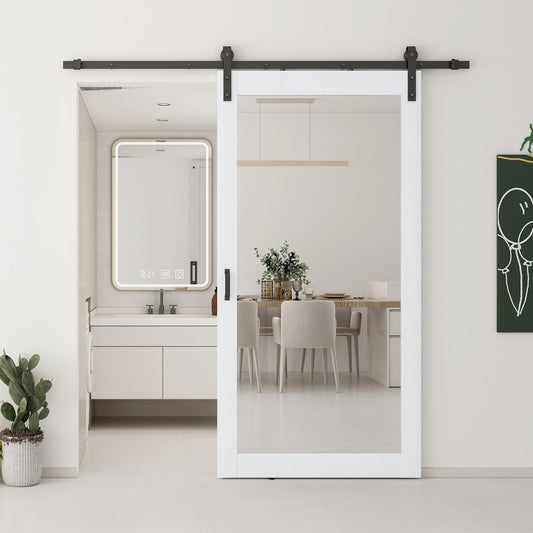 JUBEST 42x84 in Mirror Barn Door and 7FT Sliding Door Hardware Kit Included, White Full Length Mirror, Solid Wood Panel Covered with Water-Proof PVC Surface, No Assembly Required