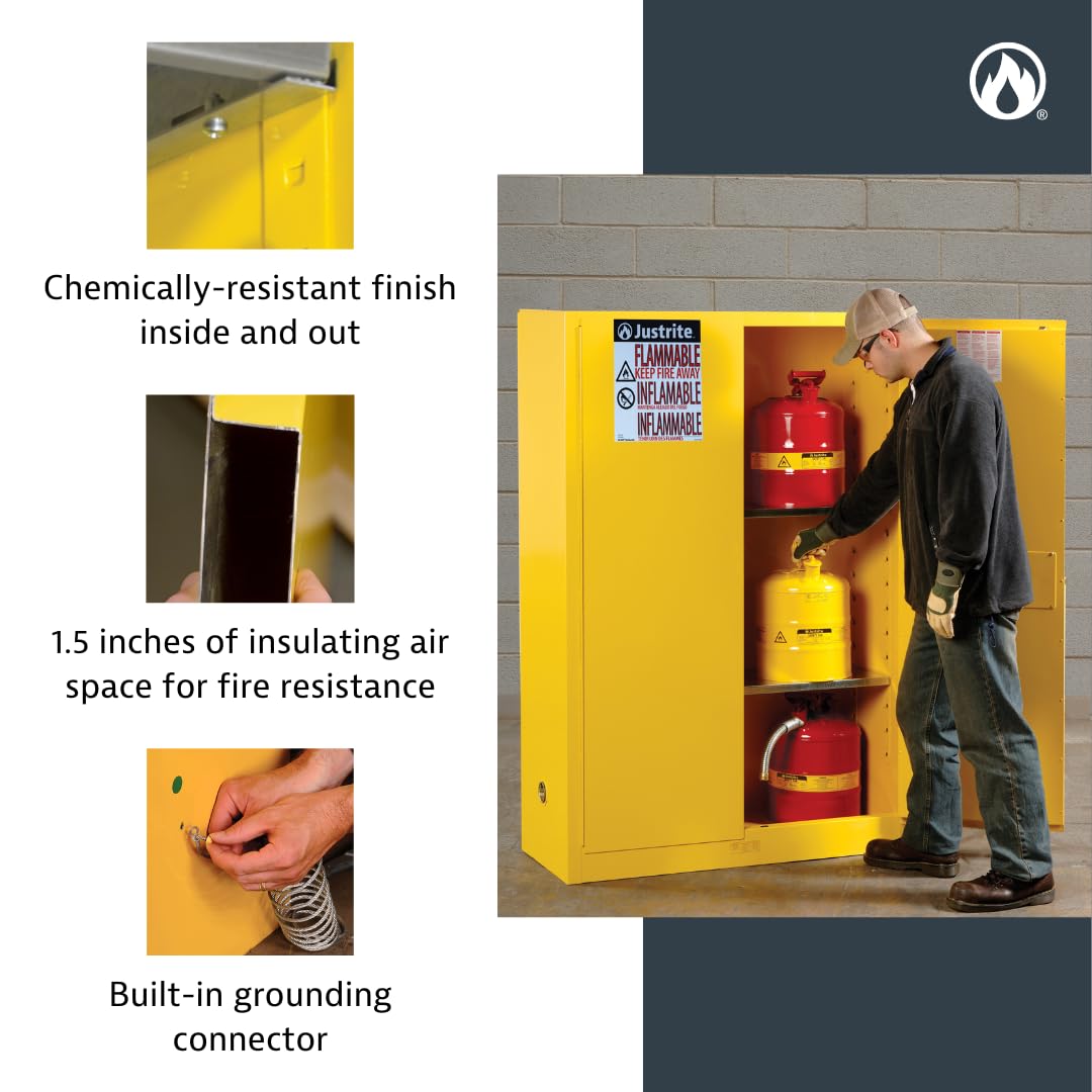 Justrite 17 Gallon Manual Close Piggyback Flammable Storage Cabinet, 18 Gauge Steel, 1 Shelf, 2 Door Fire Cabinet, 24" x 43" x 18", Made in The USA, Yellow, 891700