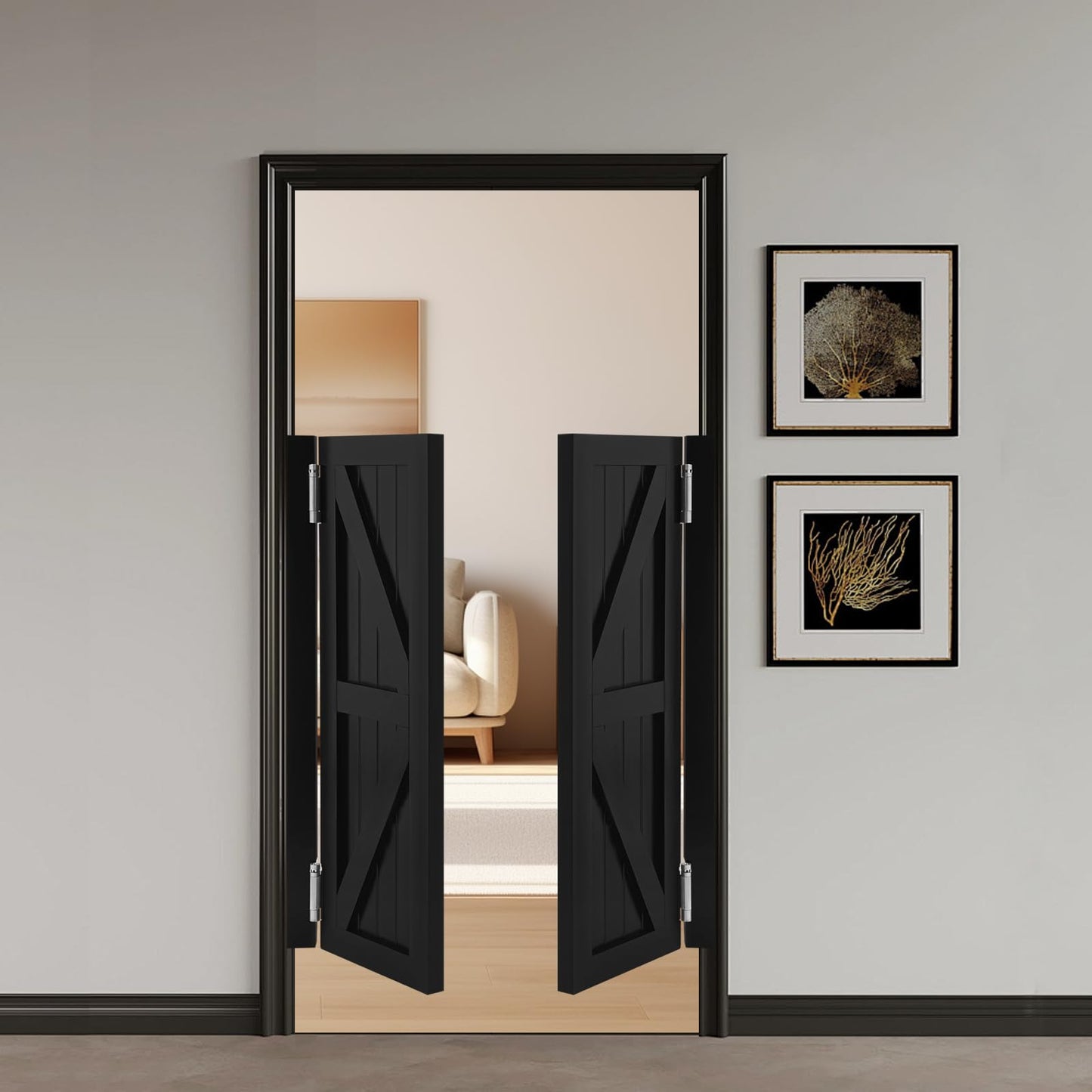 Solid Wood Swinging Saloon Cafe Doors, 180°Auto Close Partition Doors, Interior Double Panel Pine Wood Swing Door with Hinges for Kitchen Bar Pub Entrance Hallway Restaurant (Black, 27.55 * 35.43in)