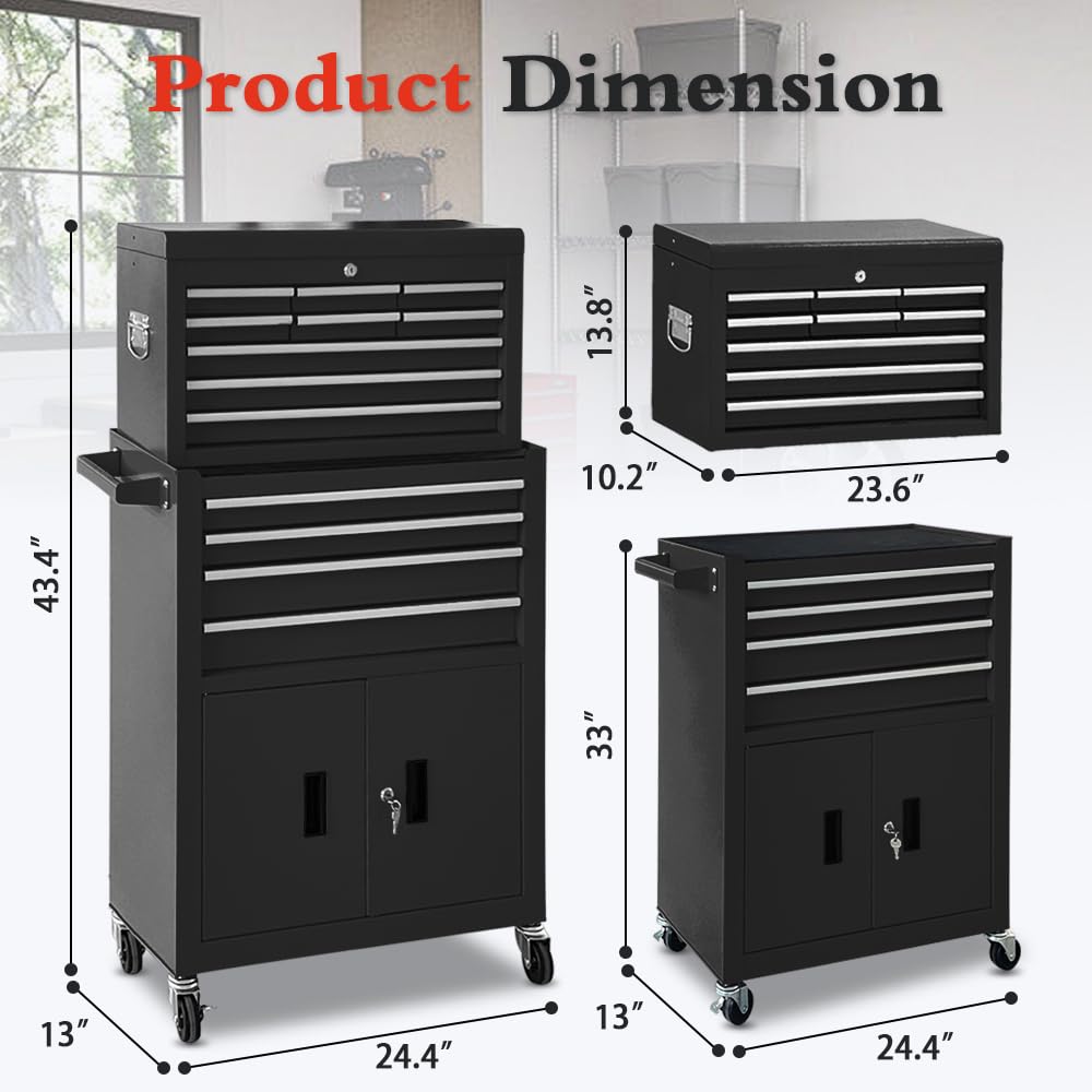 SONLMIK 13-Drawer Rolling Tool Chest with Double Door Handle, 2-in-1 Detachable Metal Storage Cabinet with Wheels and Lock, Large Capacity Tool Box for Garage, Gift for Men Dad Husband Fathers(Black)