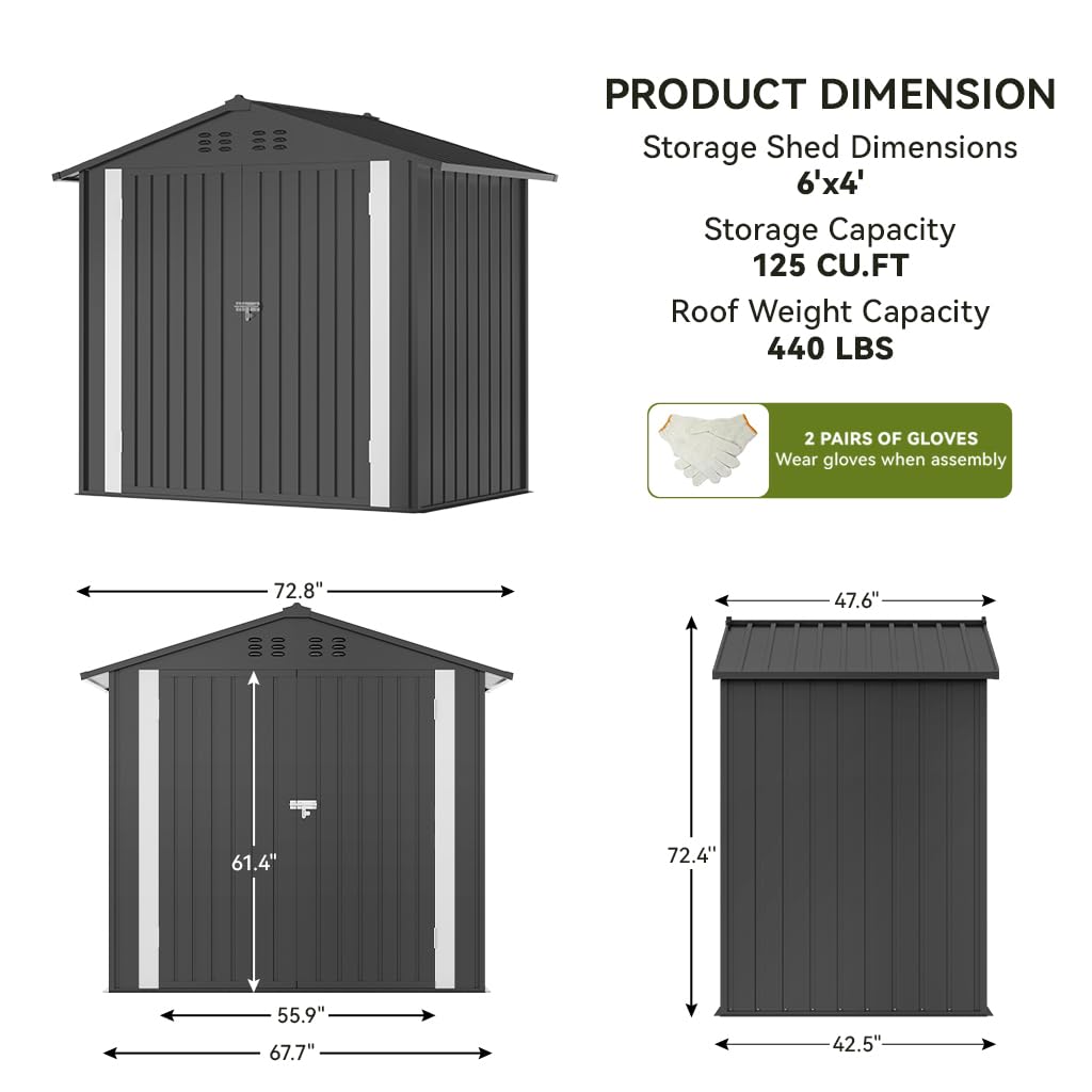 COMHOMA Shed Outdoor Storage Shed Metal,Lockable Doors Tool Sheds with Sloping Roof,Steel Garden Shed with Air Vent for Backyard,Patio,Lawn,Poolside(Grey,6'x4')