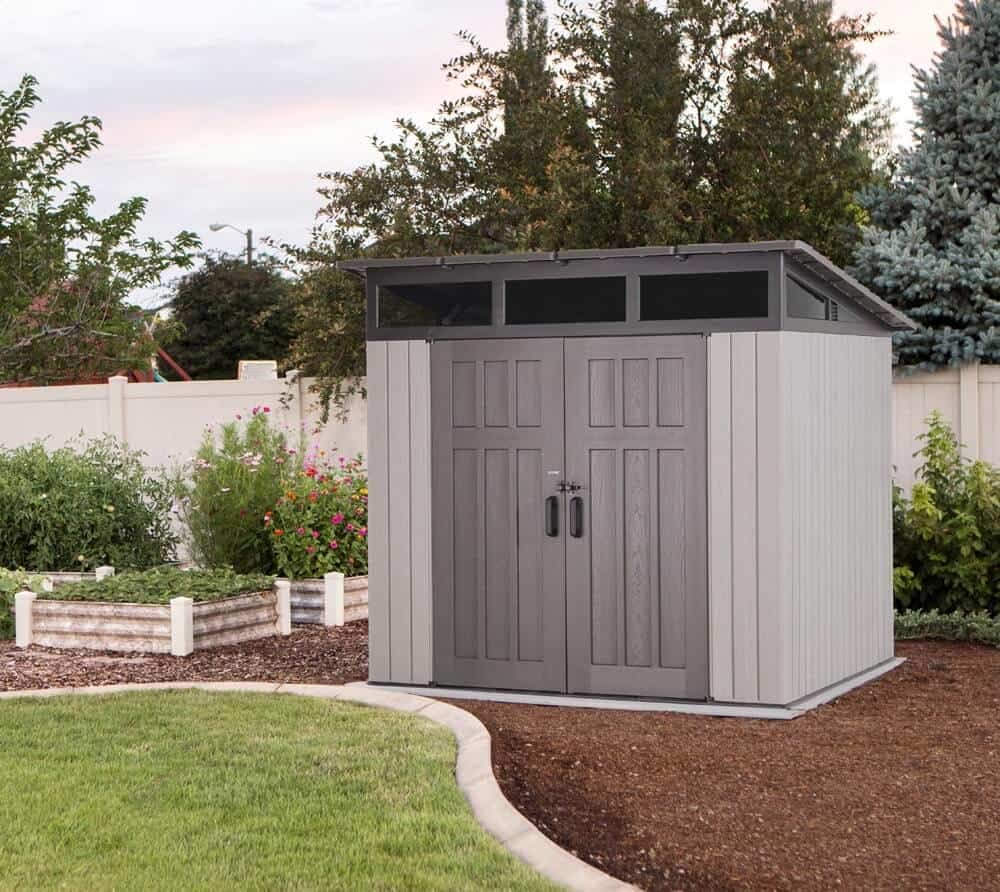Lifetime 8.3 x 8.3 Ft Modern Outdoor Storage Shed with Clerestory Windows, Steel Reinforced, Lockable Doors, Adjustable Shelf and Wall Hooks, UV-Protected, Gray