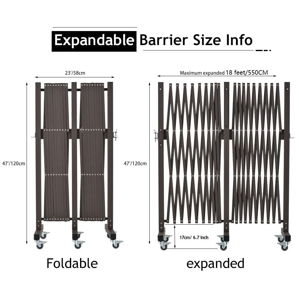 GYMTIME Industrial Expandable Metal Barricade, Safety Barrier with Casters, Flexible Mobile Folding Gate, Adjustable Traffic Fence for Warehouse, Shopping mall, Garden, Brown, 18 Feet, 47 inch High