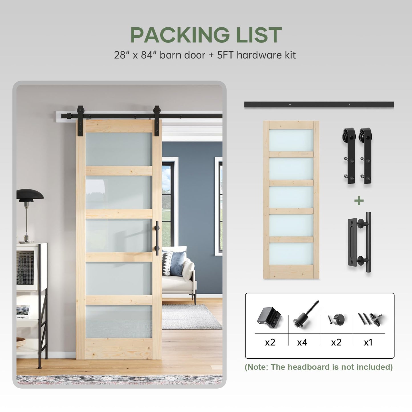 ROYMELO 28x84 inch Glass Sliding Barn Door Slab with 5ft Hardware Kit Included, 5-Panel Frosted Glass, Spruce Wood Support DIY Dyeing, Easy Assembly