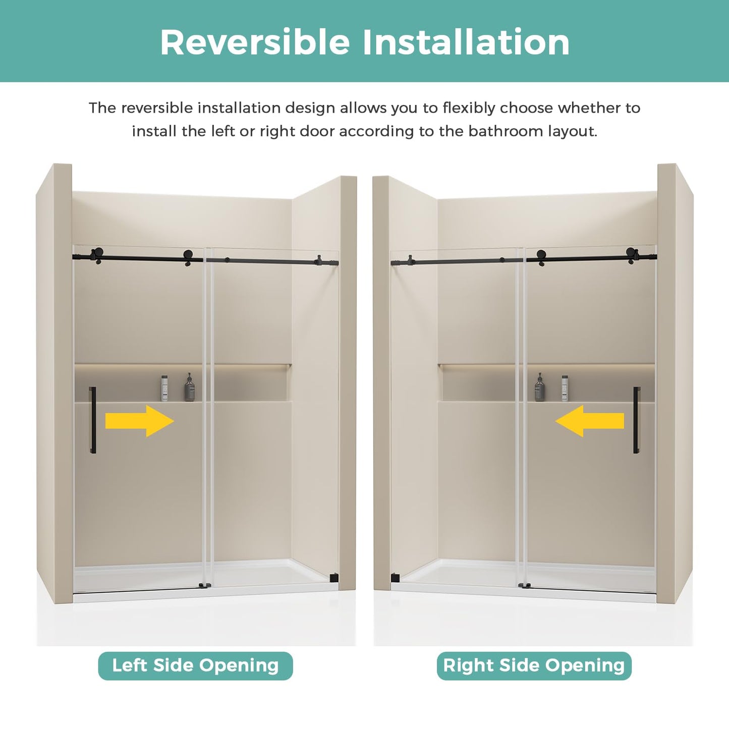 MORDEER Sliding Shower Door 56-60" W x 72" H, Frameless Glass Shower Door 5/16"(8mm) SGCC Tempered Clear Glass with Explosion-Proof Film, Shower Sliding Door with Stainless Steel Hardware, Matte Black