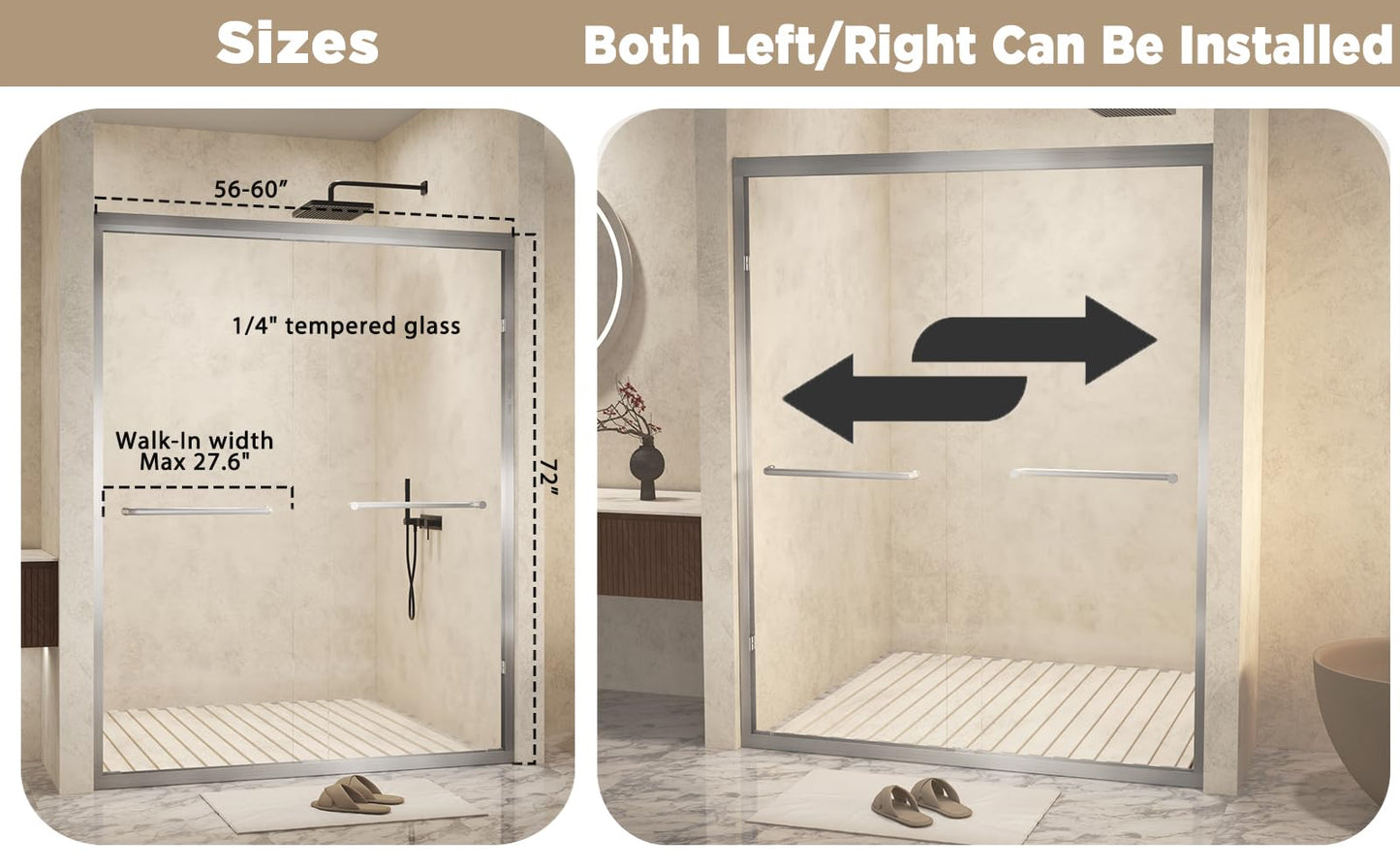 Favfurish 56-60"x 72" Shower Door,Aluminum Frame Double Sliding Shower Doors with 1/4 (6 mm) Tempered SCGG Glass,Explosion Proof Film,Stainless Steel Handle,2 inch Adjustment,Brushed Nickel