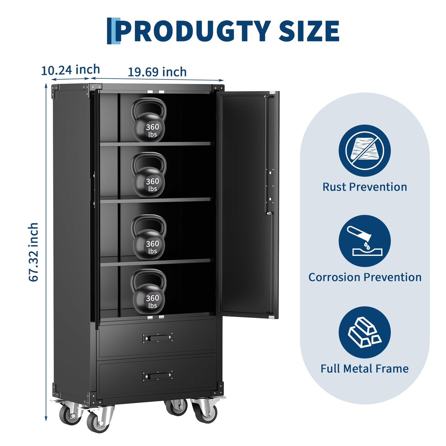 Towallmark Metal Storage Cabinet with Wheels, 72 Inch Tall Rolling Garage Storage Cabinet with 2 Drawers and 2 Doors, Lockable Steel Cabinet with 3 Adjustable Shelves for Home, Office, Shop, Black