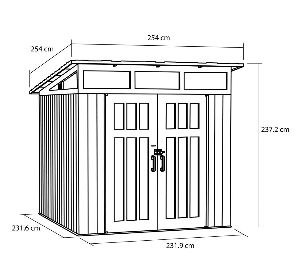 Lifetime 8.3 x 8.3 Ft Modern Outdoor Storage Shed with Clerestory Windows, Steel Reinforced, Lockable Doors, Adjustable Shelf and Wall Hooks, UV-Protected, Gray