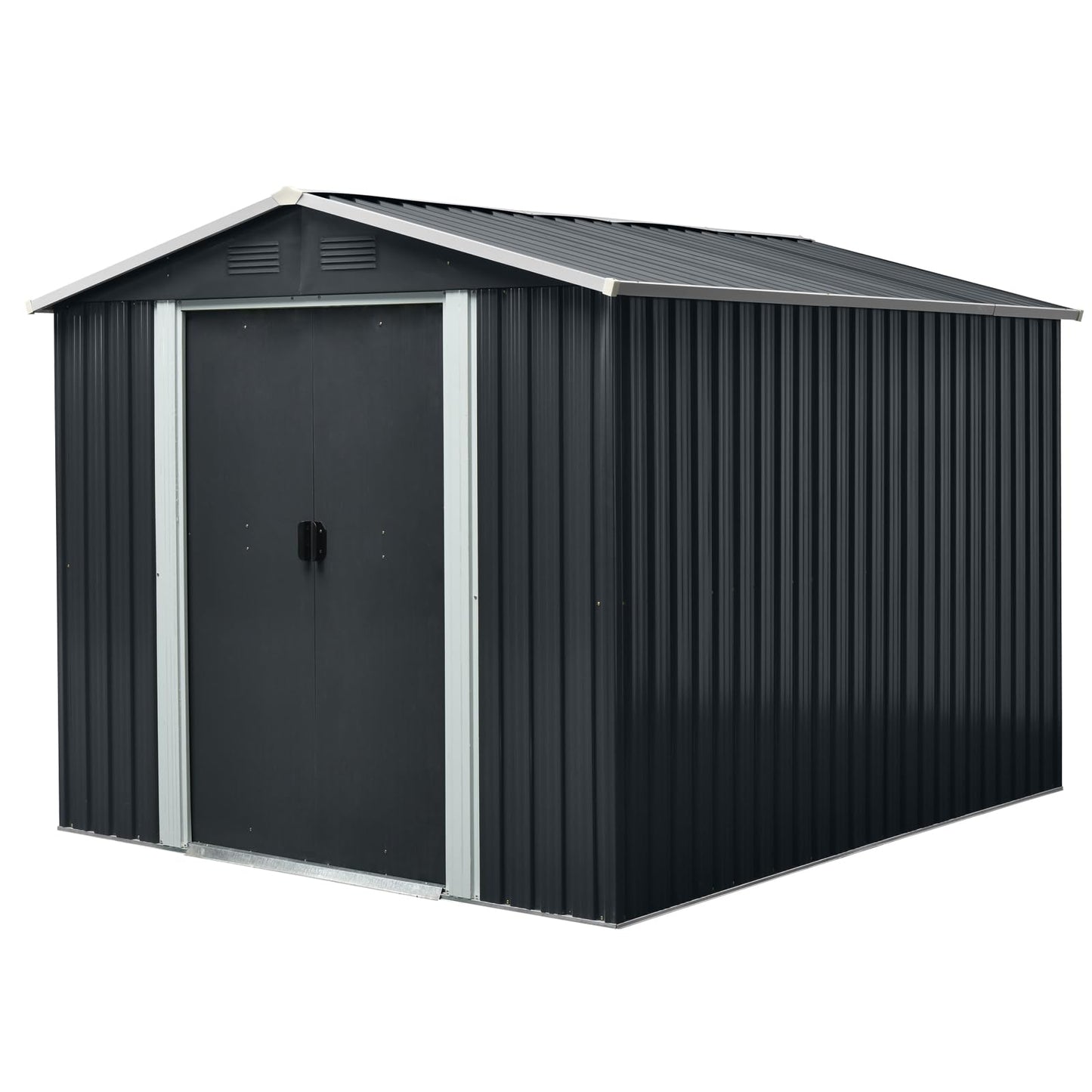 Ball & Cast 8x10 Outdoor Metal Storage Shed with Floor Base and Vents,Galvanized Tool Cabinet w/Sliding Doors & Padlock,Waterproof House Shelter for Backyard Lawn Patio,Garden,Black