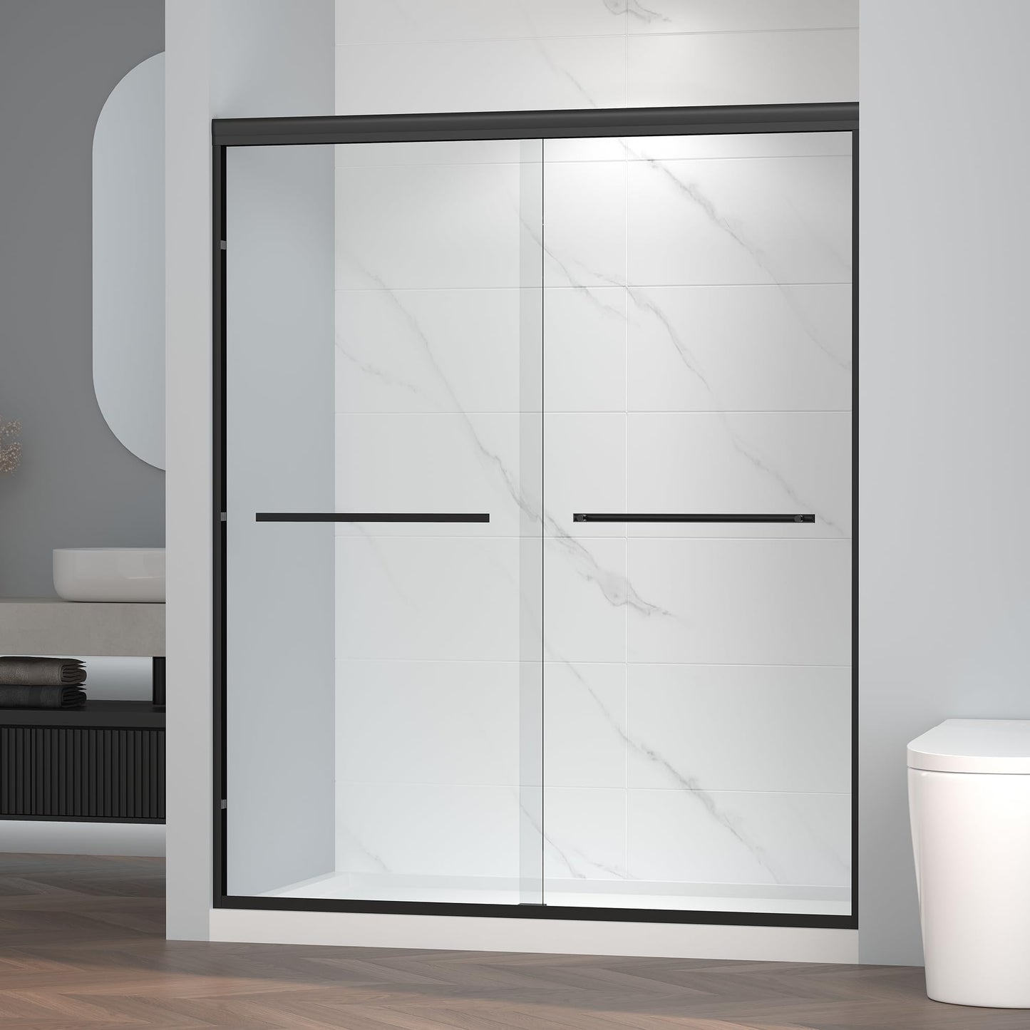 ENSO SENKA 56-60" W x 72" H Semi-Frameless Bypass Sliding Shower Door, Easy-to-Clean Treated Clear Tempered Glass, Matte Black