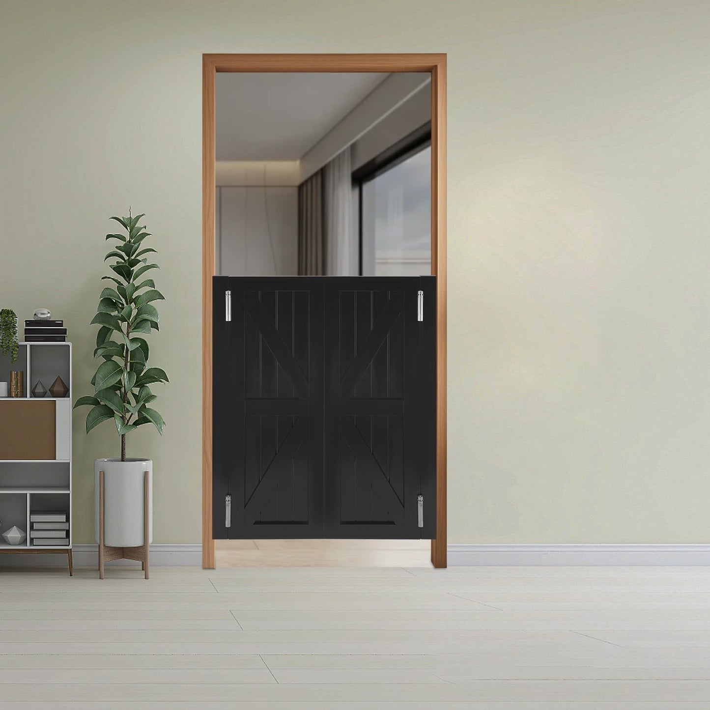 Solid Wood Swinging Saloon Cafe Doors, 180°Auto Close Partition Doors, Interior Double Panel Pine Wood Swing Door with Hinges for Kitchen Bar Pub Entrance Hallway Restaurant (Black, 27.55 * 35.43in)