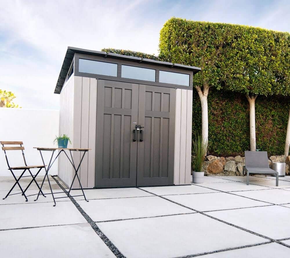 Lifetime 8.3 x 8.3 Ft Modern Outdoor Storage Shed with Clerestory Windows, Steel Reinforced, Lockable Doors, Adjustable Shelf and Wall Hooks, UV-Protected, Gray